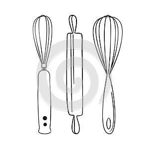 Baking kitchen tools in doodle style. Vector illustration.