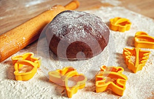 Baking, the process of kneading dough.Rolling pin for rolling dough.Sprinkle flour on the board