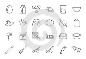 Baking line icon set. Bakery icons - mixer, glass, preheat oven form, butter, egg, milk, rolling pin, whisk