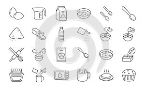 Baking Mixes doodle illustration including icons - water, muffin ingredient, bowl, dough, egg, whisk, stove, melted