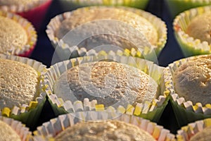 Baking muffins in oven, selective focus