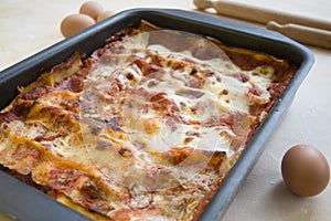 Baking pan of lasagna