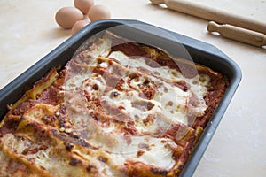 Baking pan of lasagna