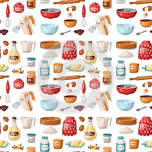 Baking pastry prepare cooking ingredients kitchen utensils homemade food preparation baker seamless pattern background