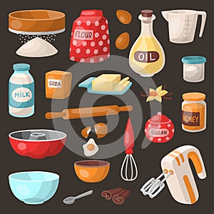 Baking pastry prepare cooking ingredients kitchen utensils homemade food preparation baker vector illustration.