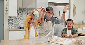 Baking, playing and mother teaching children, games and bonding in a kitchen at home. Love, learning and mom with girl