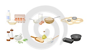 Baking Process with Herbs Pounding with Pestle and Dough Molding Using Cookware Vector Set