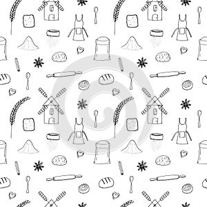 Baking products seamless pattern vector illustration, hand drawing doodle