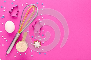 Baking protein, fitness diet concept, pink background with copy space