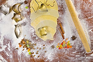 Baking scenery with moon, star, flower, fish heart shaped cookie cutter, rolled pastry, rolling pin, wheat flour, candied fruit,