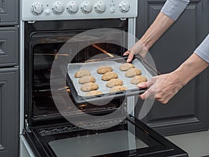 Baking sheet with cookies on the background of the oven.