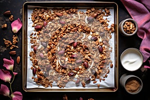 baking sheet with granola mix spread out evenly