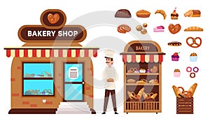 Baking shop set. Confectioner sells buns cakes bread bagel cookies cake pretzels stall.