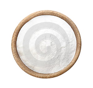 Baking soda in wooden bowl isolated, top view