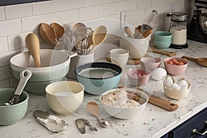 baking space with a selection of mixing bowls, measuring cups, and spoons