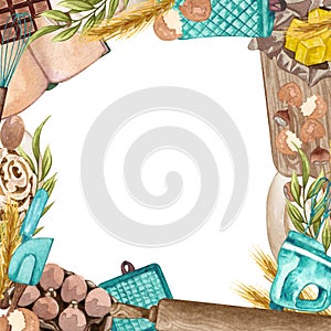 Baking square frame with kitchen utensils, jug, butter, whisk, mixer, potholders, pecepies book, rolling pin, wheat, eggs on white
