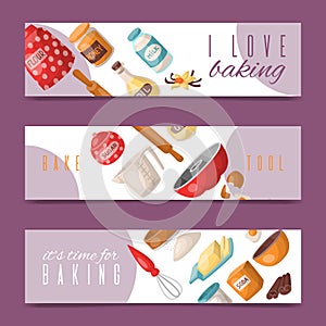 Baking tools set of banners vector illustration. I love baking. It s time for baking. Kitchen utensils. Baking