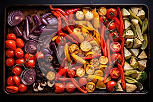 baking tray with assortment of roasted veggies