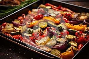 baking tray with assortment of roasted veggies