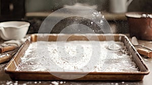 A baking tray with a dusting of flour on a light surface