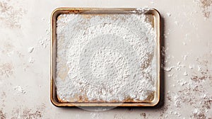 A baking tray with a dusting of flour on a light surface