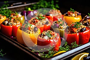 baking tray with stuffed large bell peppers with tunafish