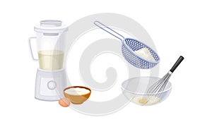 Baking utensils and cooking ingredients set. Sieve, bowl, mixer, whisk and bakery products vector illustration