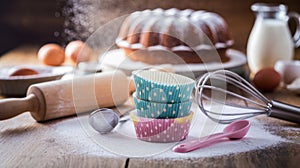 Baking Utensils and Cupcake Liners in a Rustic Kitchen