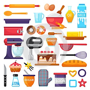 Baking vector kitchenware and food bakery ingredients for cake illustration caking set of cooking cupcake or pie with