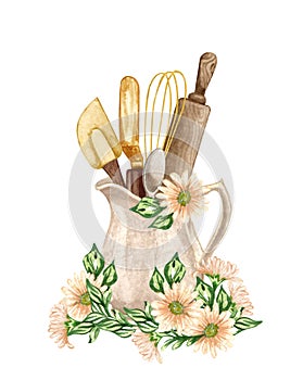 Baking watercolor illustration with kitchen utensils in a clay jag with flowers, polling pin, whisk, spoon on white