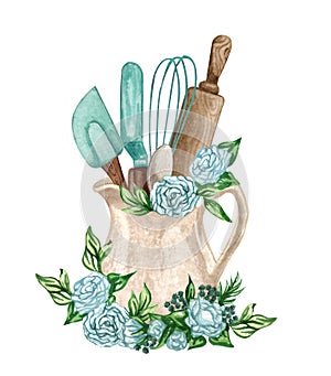 Baking watercolor illustration with kitchen utensils in a clay jag with flowers, polling pin, whisk, spoon on white photo