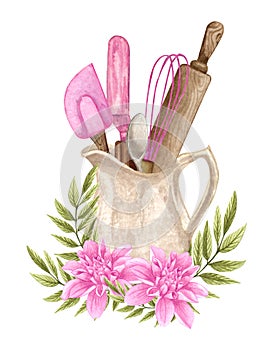 Baking watercolor illustration with kitchen utensils in a clay jag, polling pin, whisk, spoon with pink flowers. Hand