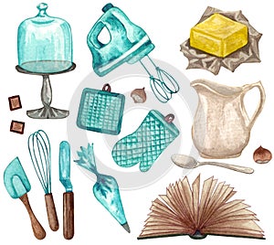 Baking watercolor set with kitchen utensils, jug, butter,  whisk, mixer, potholders, pecepies book, cake stand on white background