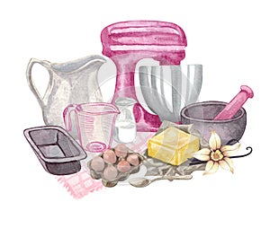 Baking watercolor set with kitchen utensils, mixer, chocolate, potholders, spoon, clay jag, whisk on white background
