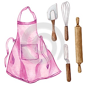 Baking watercolor set with kitchen utensils, mixer, chocolate, potholders, spoon, clay jag, whisk on white background