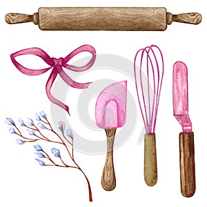 Baking watercolor set with kitchen utensils, mixer, chocolate, potholders, spoon, clay jag, whisk on white background