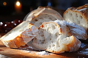 Baking white bread close-up, cutting pieces on a board with flour