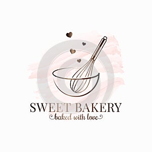 Baking with wire whisk watercolor logo on white