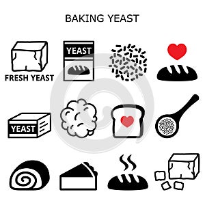 Baking yeast vector icons set - baking bread and cakes idea, yeast dough, beer and wine production