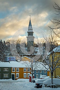 Baklandet street under snow. Wintertime in Trondheim, Norway