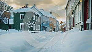 Baklandet street under snow. Wintertime in Trondheim, Norway