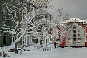 Baklandet street under snow. Wintertime in Trondheim, Norway