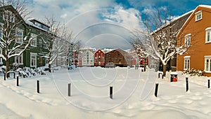 Baklandet street under snow. Wintertime in Trondheim, Norway