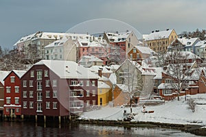 Baklandet street under snow. Wintertime in Trondheim, Norway