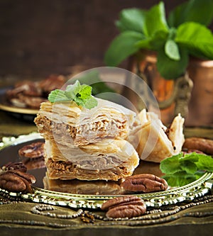 Baklava with honey and nuts.