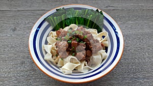 Bakmi is a type of noodle dish that was popularized by Chinese traders to Indonesia. Noodles are also often called yamien or yahun