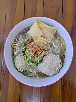 bakso. indonesian beef meatball served with noodle and tofu