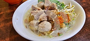 Bakso, indonesian meatball style served with beef broth soup and noodle springkled with fried onion and spring onion coupled with