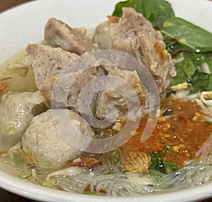 Bakso Meatballs Noodles with Soup Served Chili Sour Suace Indonesian food Style topview
