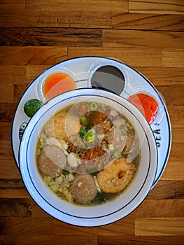 Bakso (Meatballs) Noodles with Soup Served Chili Sour Suace Indonesian food Style